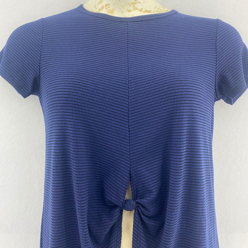 Soul Cake M Ribbed Knit Tie Front Top Casual Short Sleeve Blue Striped Tunic